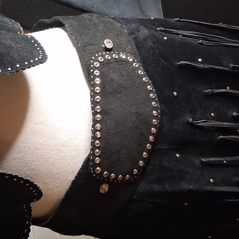 🖤🤠Augustina Vintage Western Blk Leather Jacket W/Wrap Around Fringe Skirt M-L - Picture 3 of 10